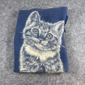 VTG Biederlack Cat Fleece Blanket Throw Blue Cream Reversible Kitten 46x56